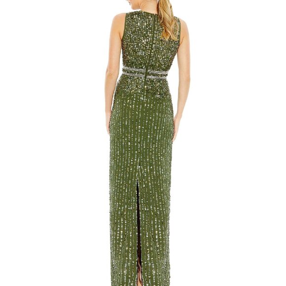 NWT Mac Duggal Sequined High Neck Sleeveless Column Gown Olive Green sz 12 93603 - Picture 4 of 10